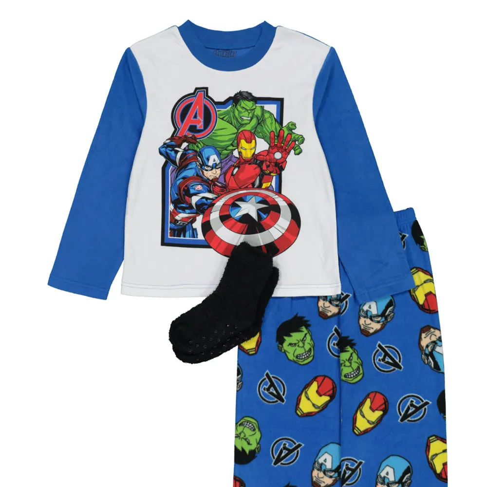 Avengers Boys Pajama Set with Socks, Long Sleeve Top and Pants 3PC PJ Outfit, 4-10, Blue