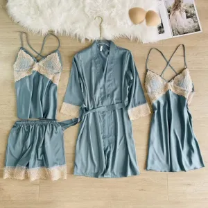 Azure Silk Lace 4 Piece Pajamas Set - Camouflage Green