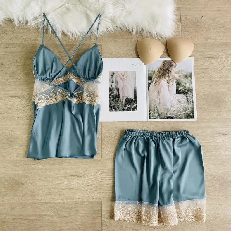 Azure Silk Lace 4 Piece Pajamas Set - Camouflage Green