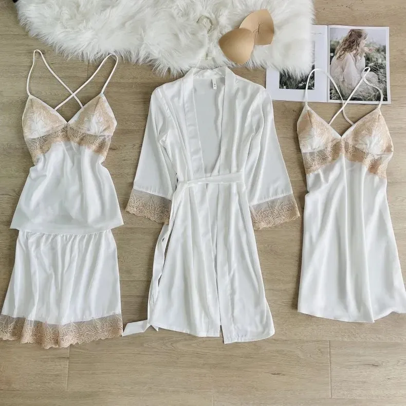 Azure Silk Lace 4 Piece Pajamas Set - Camouflage Green