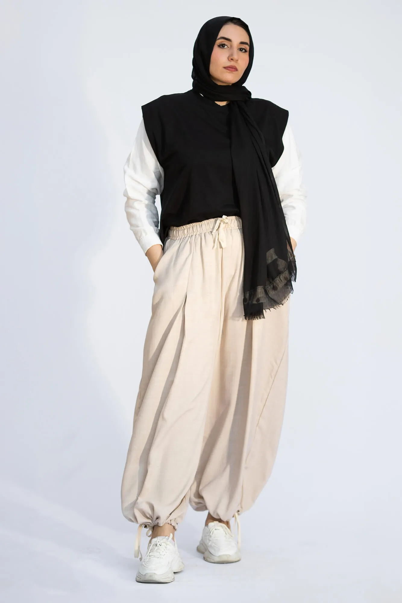 Beige Amina Relaxed Fit Drawstring Pants