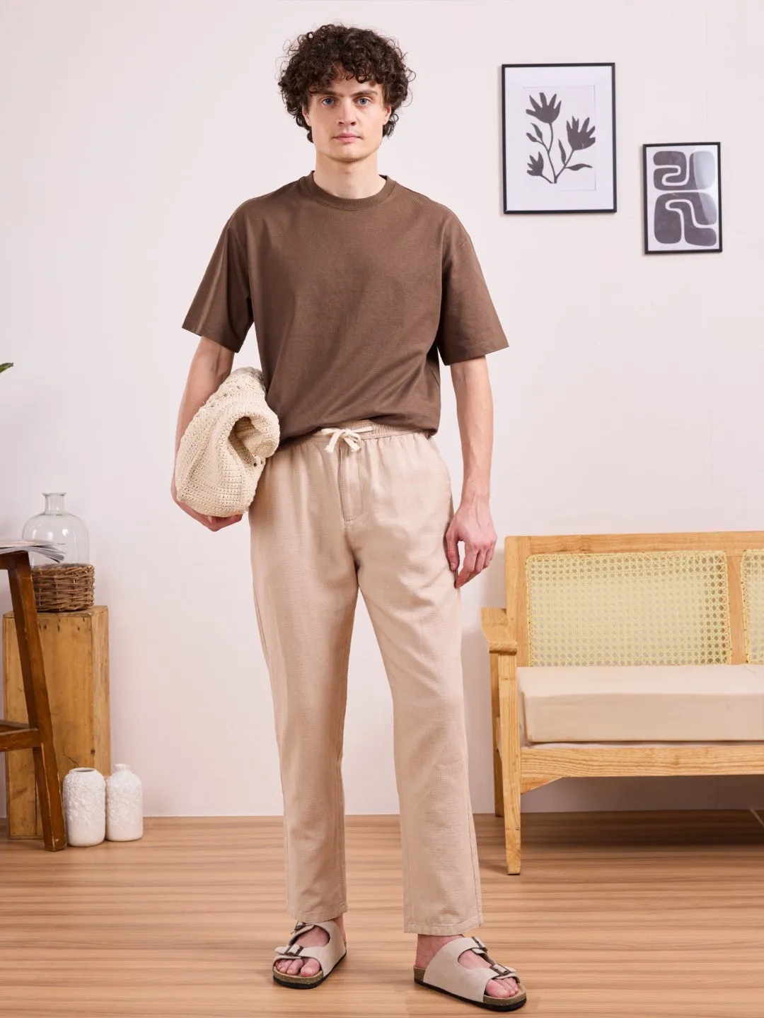 Beige Plain Relaxed Fit Pant