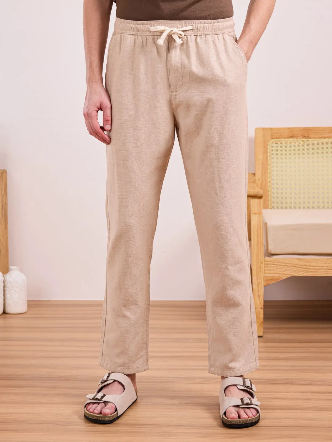 Beige Plain Relaxed Fit Pant