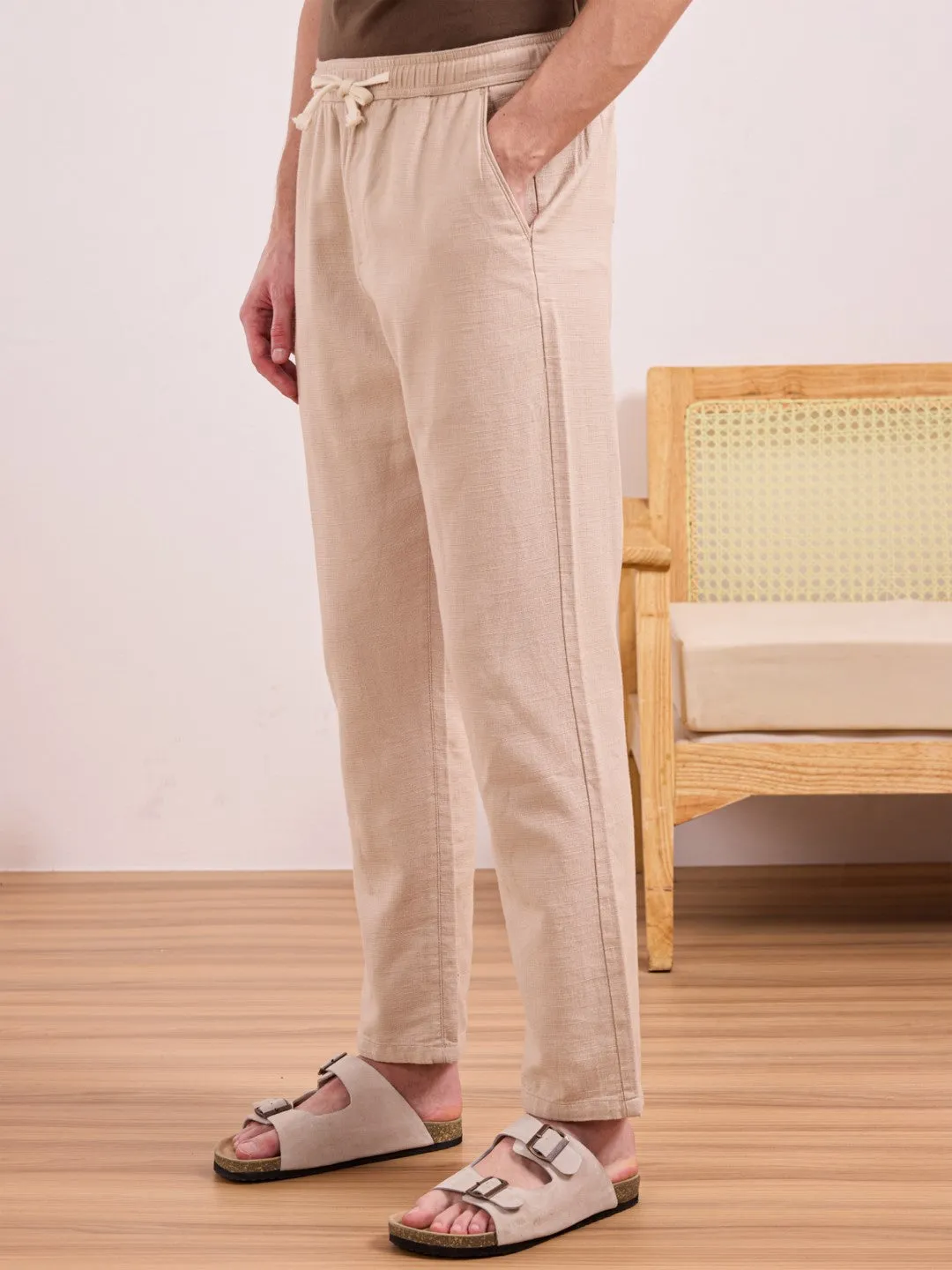 Beige Plain Relaxed Fit Pant
