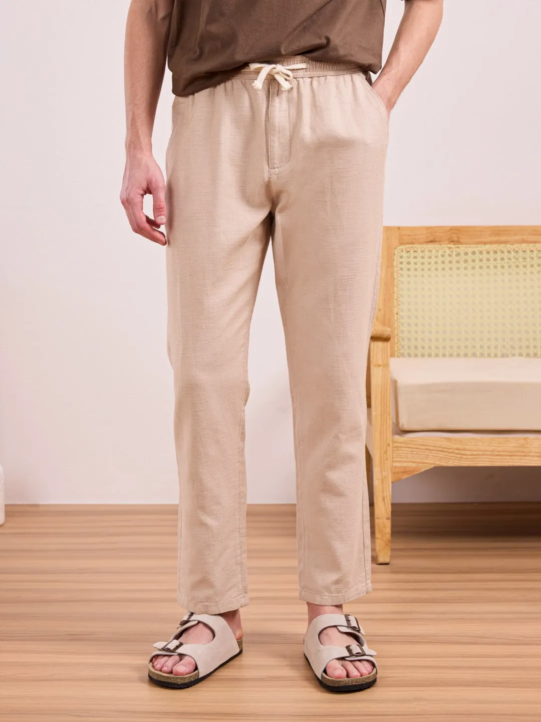 Beige Plain Relaxed Fit Pant