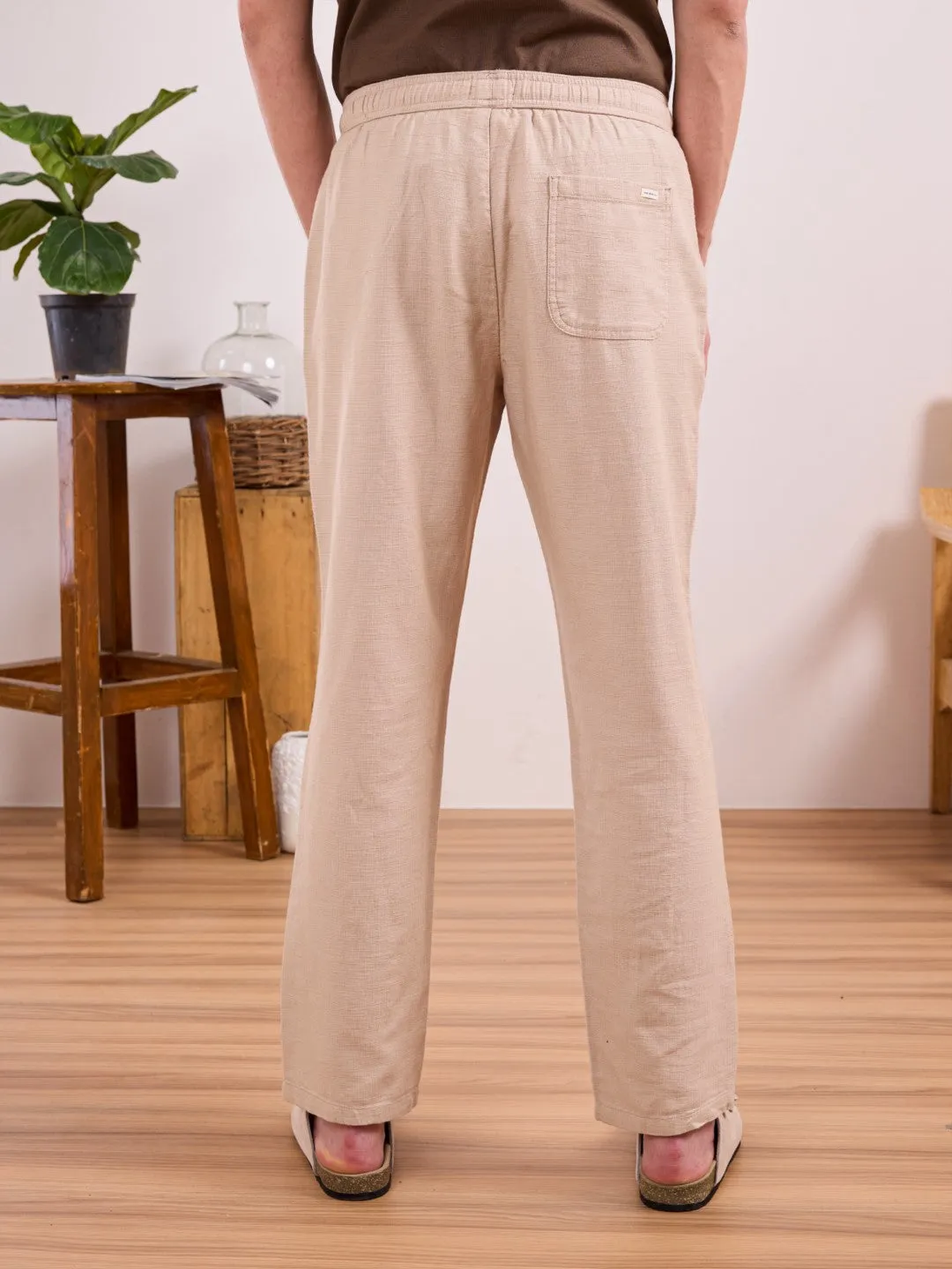 Beige Plain Relaxed Fit Pant