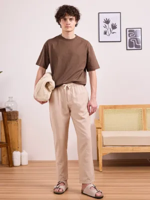 Beige Plain Relaxed Fit Pant