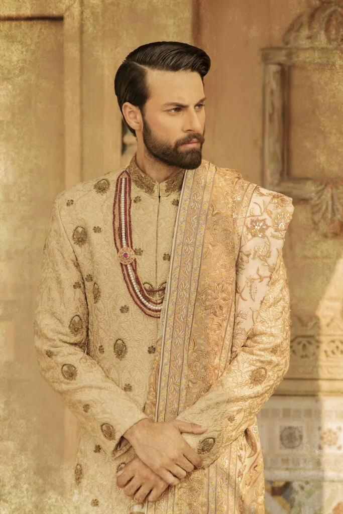 Beige Sherwani Shawl Dress for Pakistani Groom Dresses