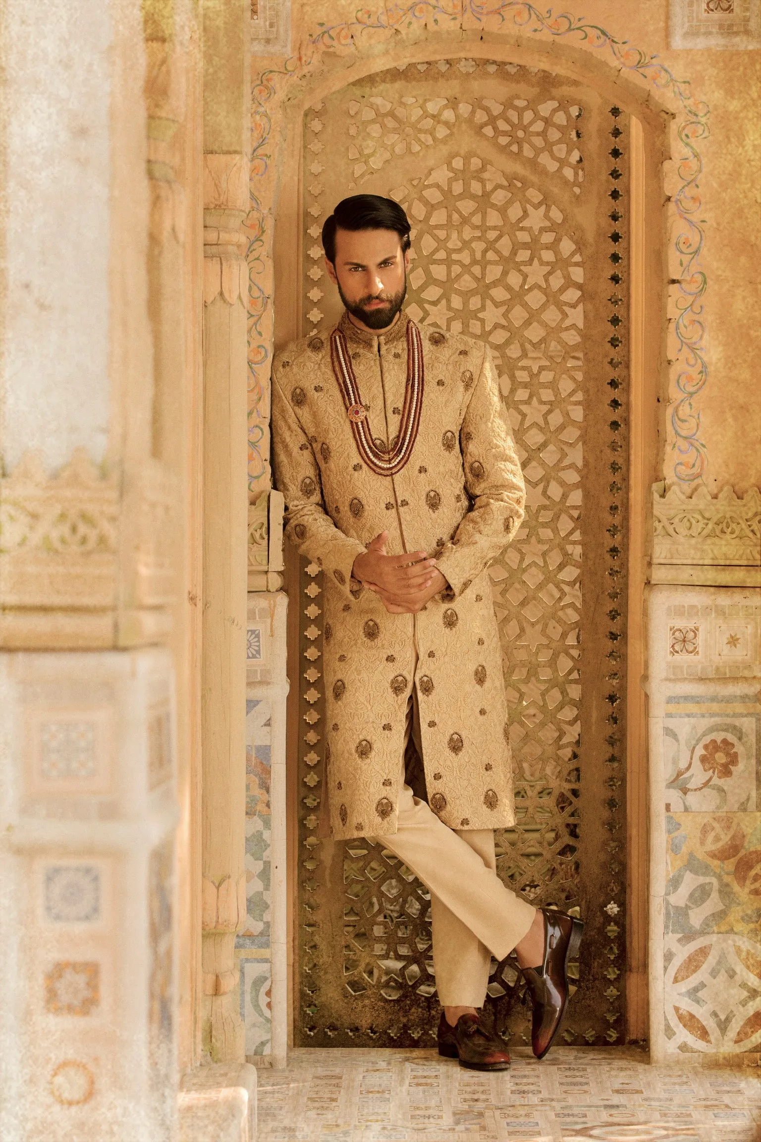 Beige Sherwani Shawl Dress for Pakistani Groom Dresses