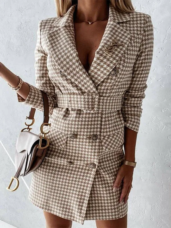 Belted Houndstooth Double Breasted Jacket