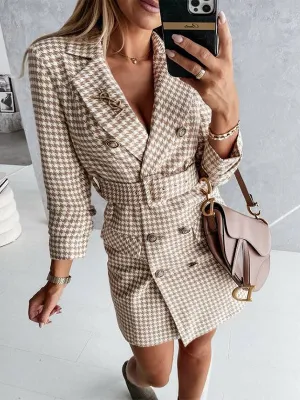 Belted Houndstooth Double Breasted Jacket