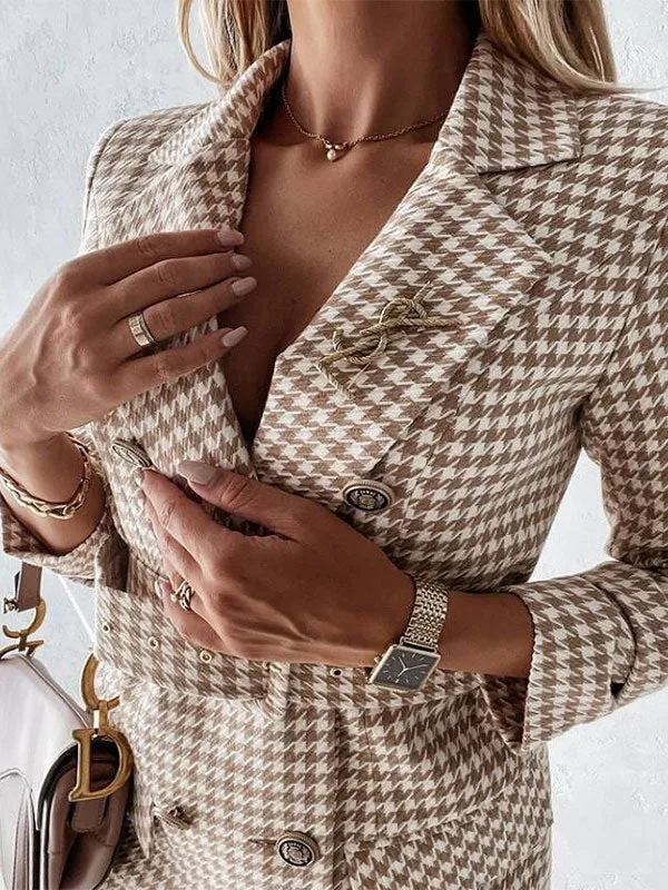 Belted Houndstooth Double Breasted Jacket