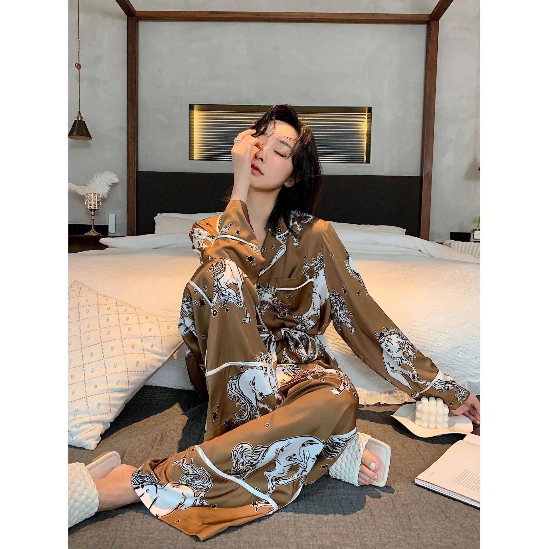 Belted Silk Pajamas Home Clothes Women's Suit
