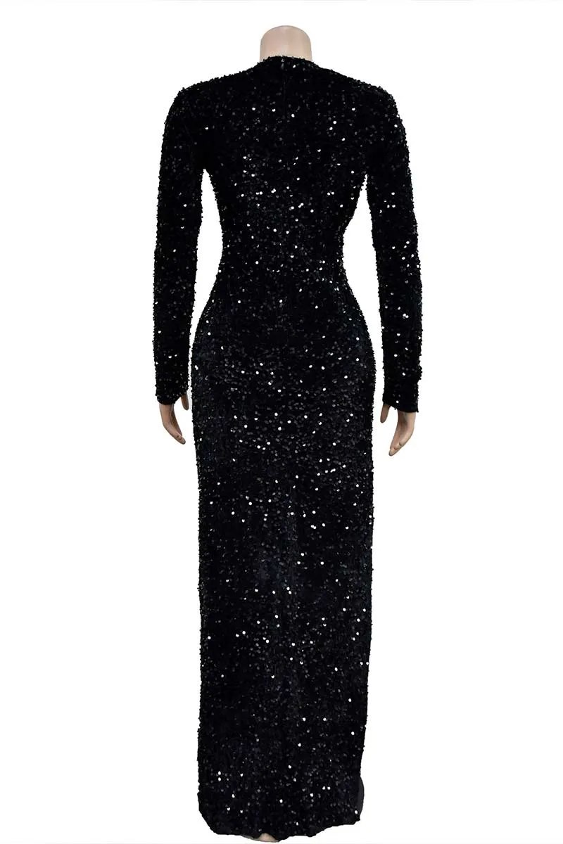 BH671 Sequin Long Sleeve Maxi Dress