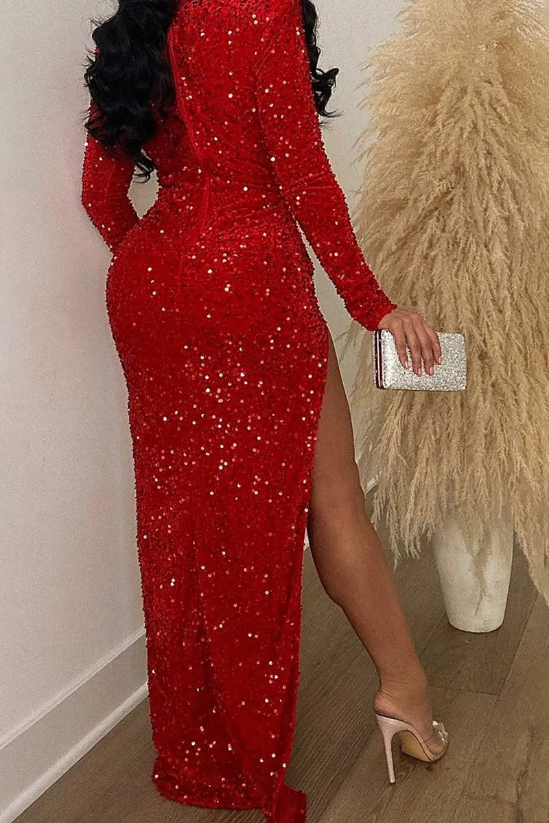 BH671 Sequin Long Sleeve Maxi Dress