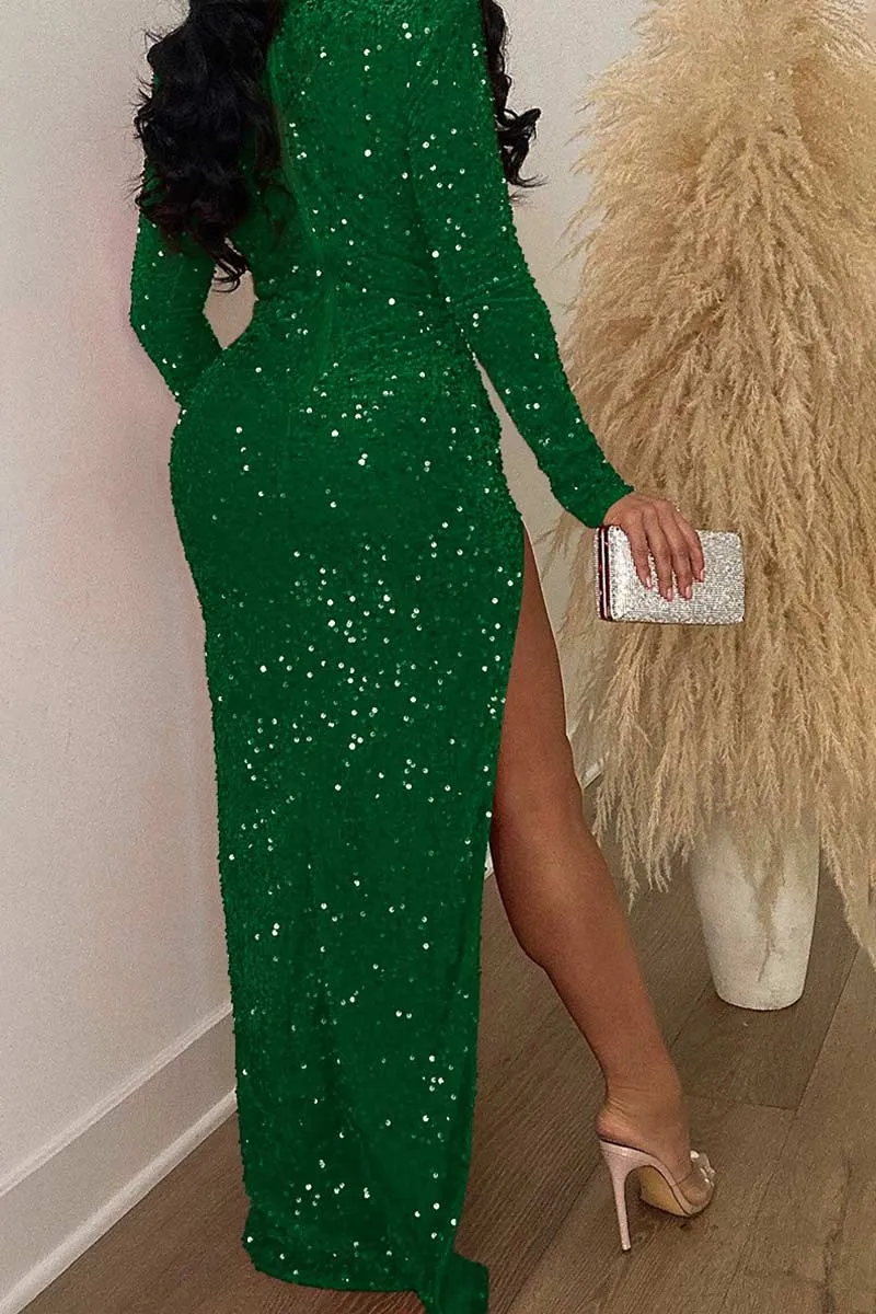 BH671 Sequin Long Sleeve Maxi Dress