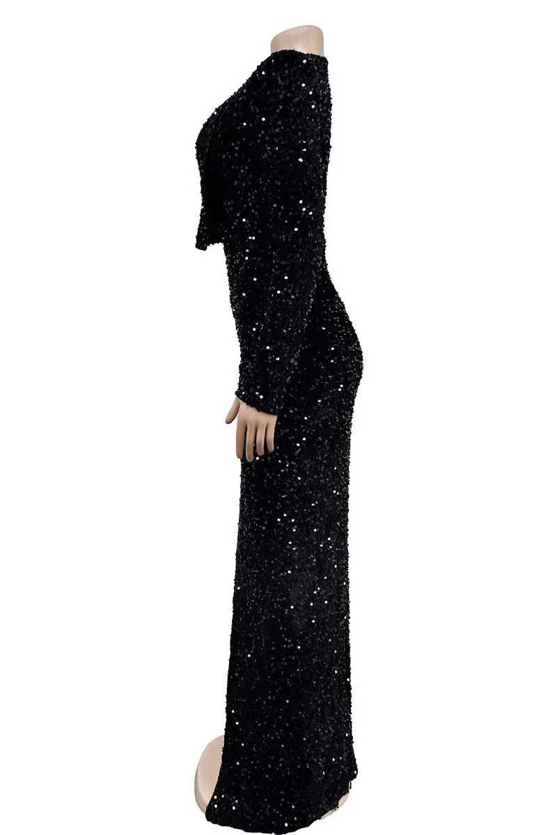 BH671 Sequin Long Sleeve Maxi Dress