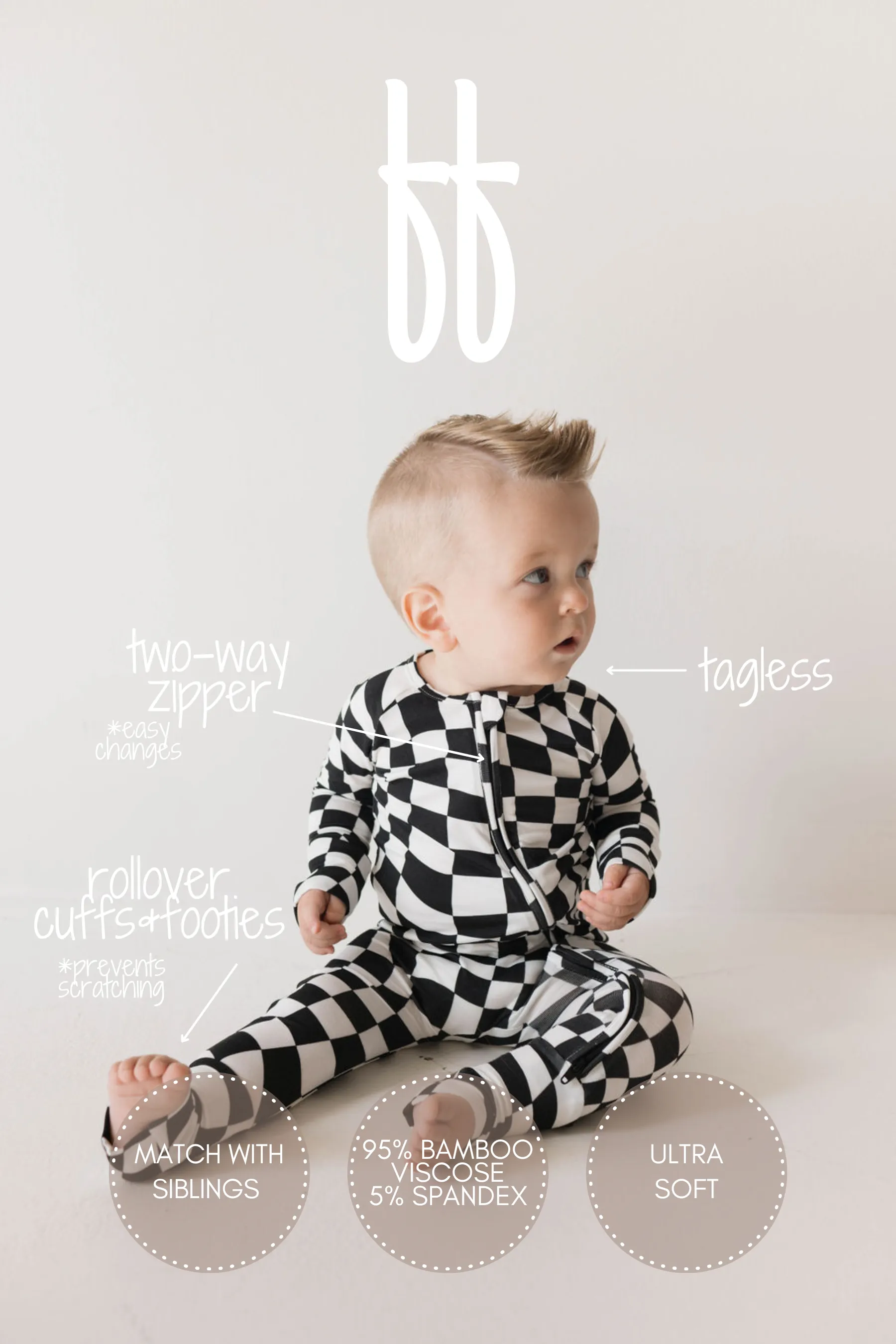 Black & White Wavy Checkerboard | Bamboo Zip Pajamas