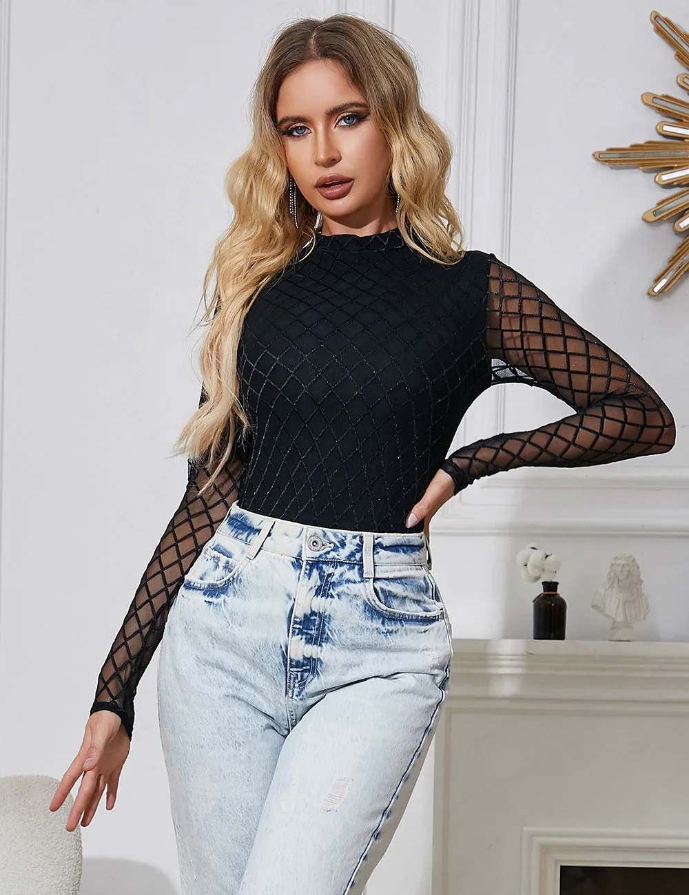 Black High Neck Mesh Minimalist Bodysuit