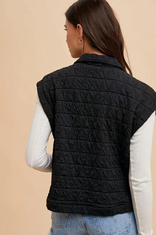 Black Texture Quilted Snap Down Vest Coat