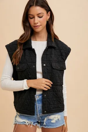 Black Texture Quilted Snap Down Vest Coat