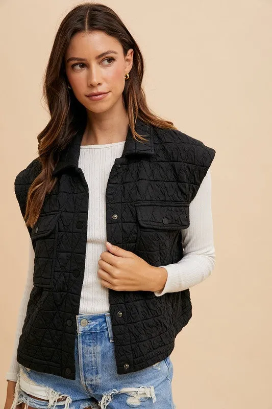 Black Texture Quilted Snap Down Vest Coat