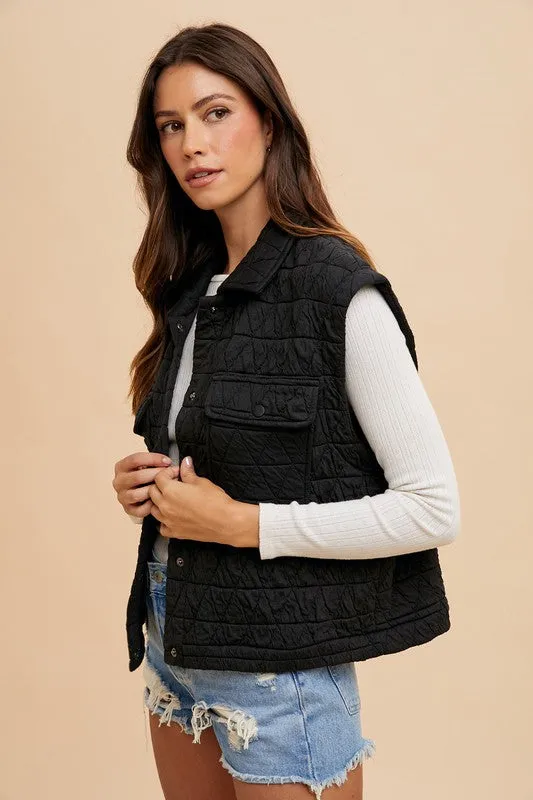 Black Texture Quilted Snap Down Vest Coat