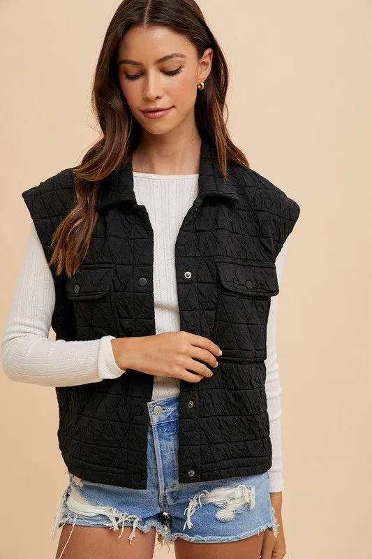 Black Texture Quilted Snap Down Vest Coat