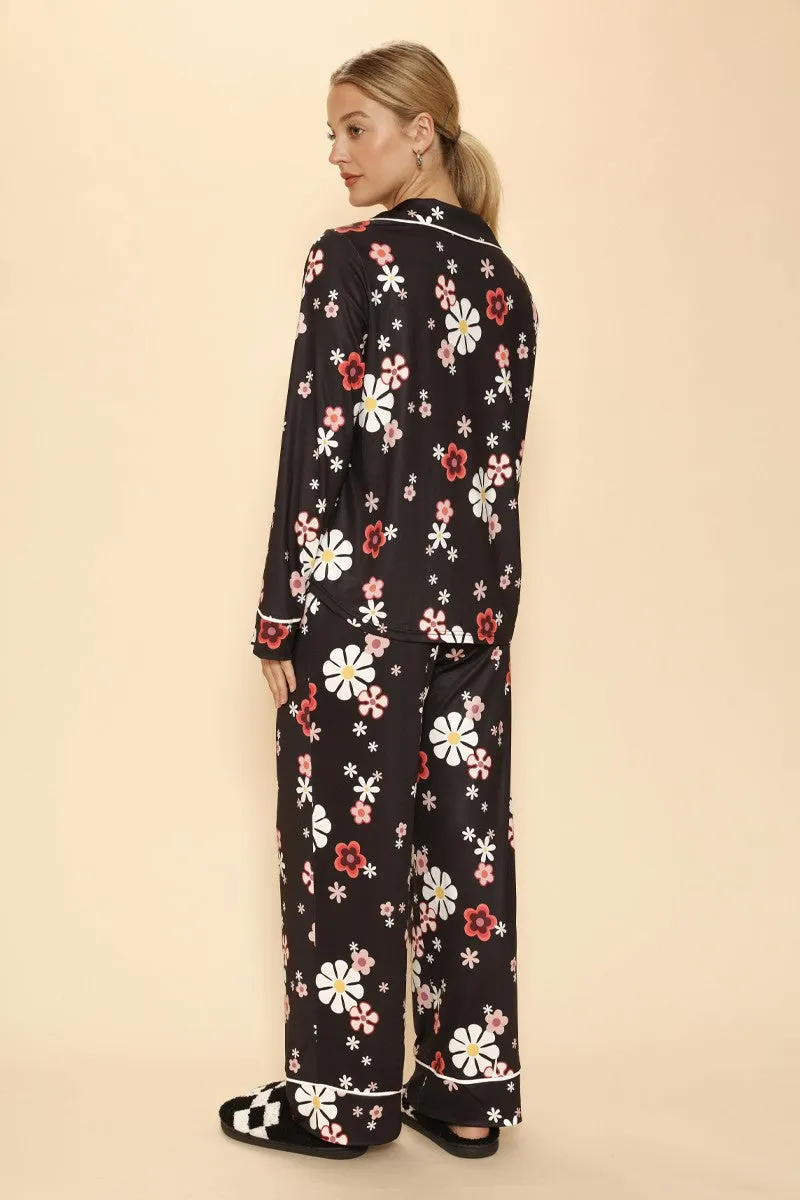 Black w/ Floral Print Pajama Set - Button Front with Pockets