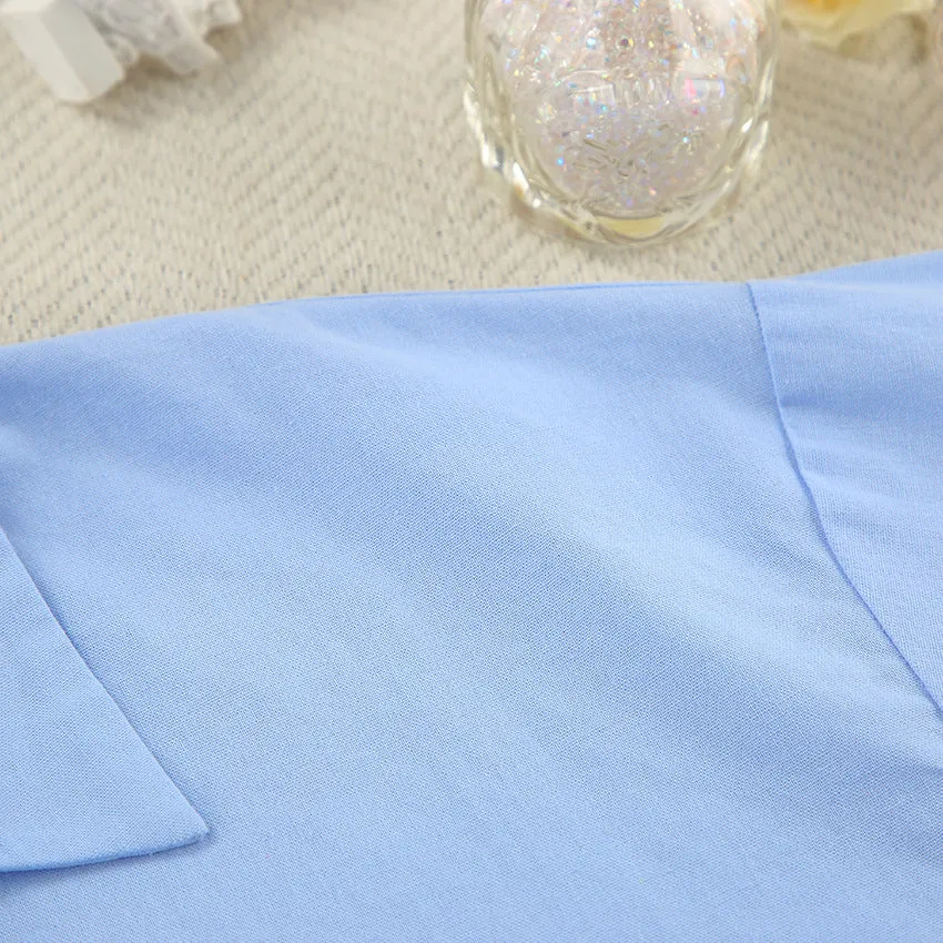 Blue Cotton Loose Long-Sleeved Pajamas Two Piece Set