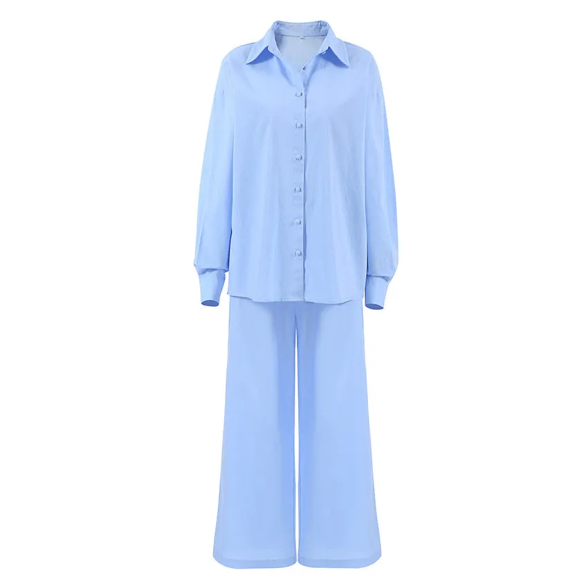 Blue Cotton Loose Long-Sleeved Pajamas Two Piece Set