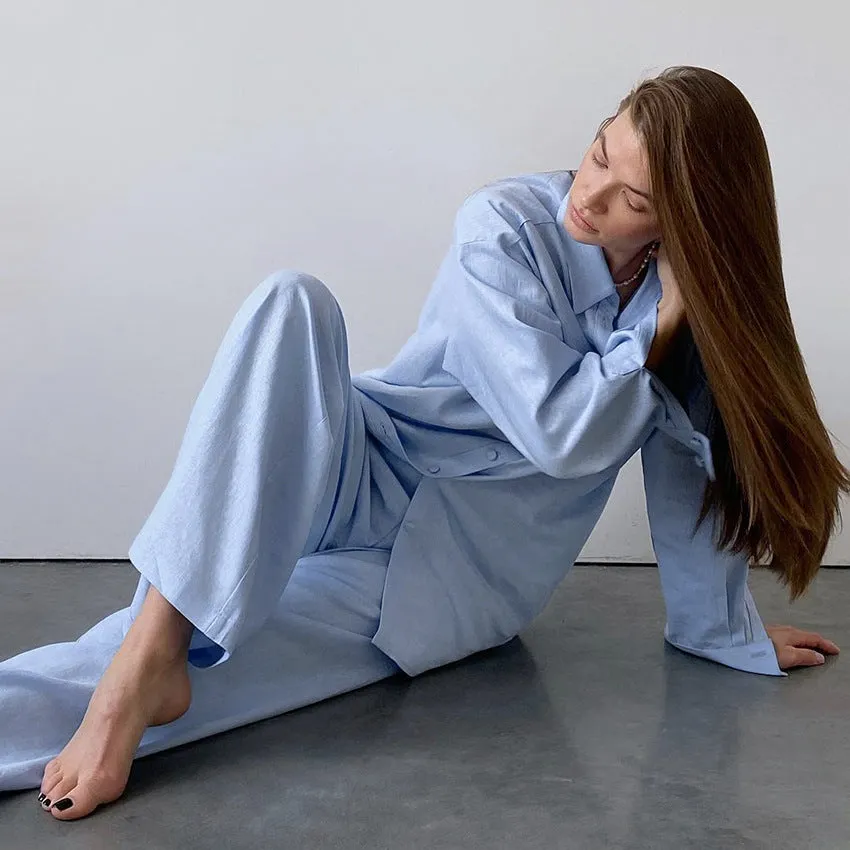 Blue Cotton Loose Long-Sleeved Pajamas Two Piece Set