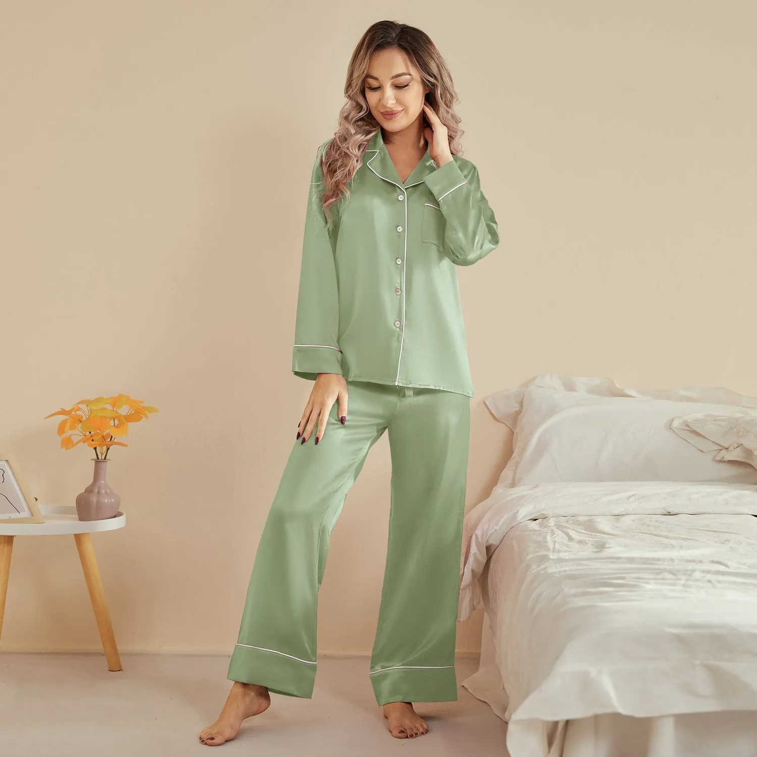 Bright Color Silk Pajamas Set for Women