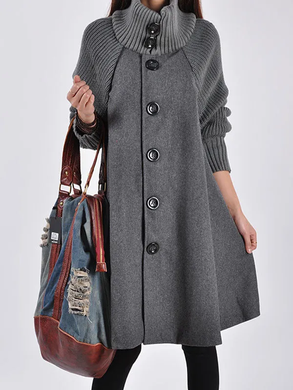 Button Down Woolen Poncho Coat