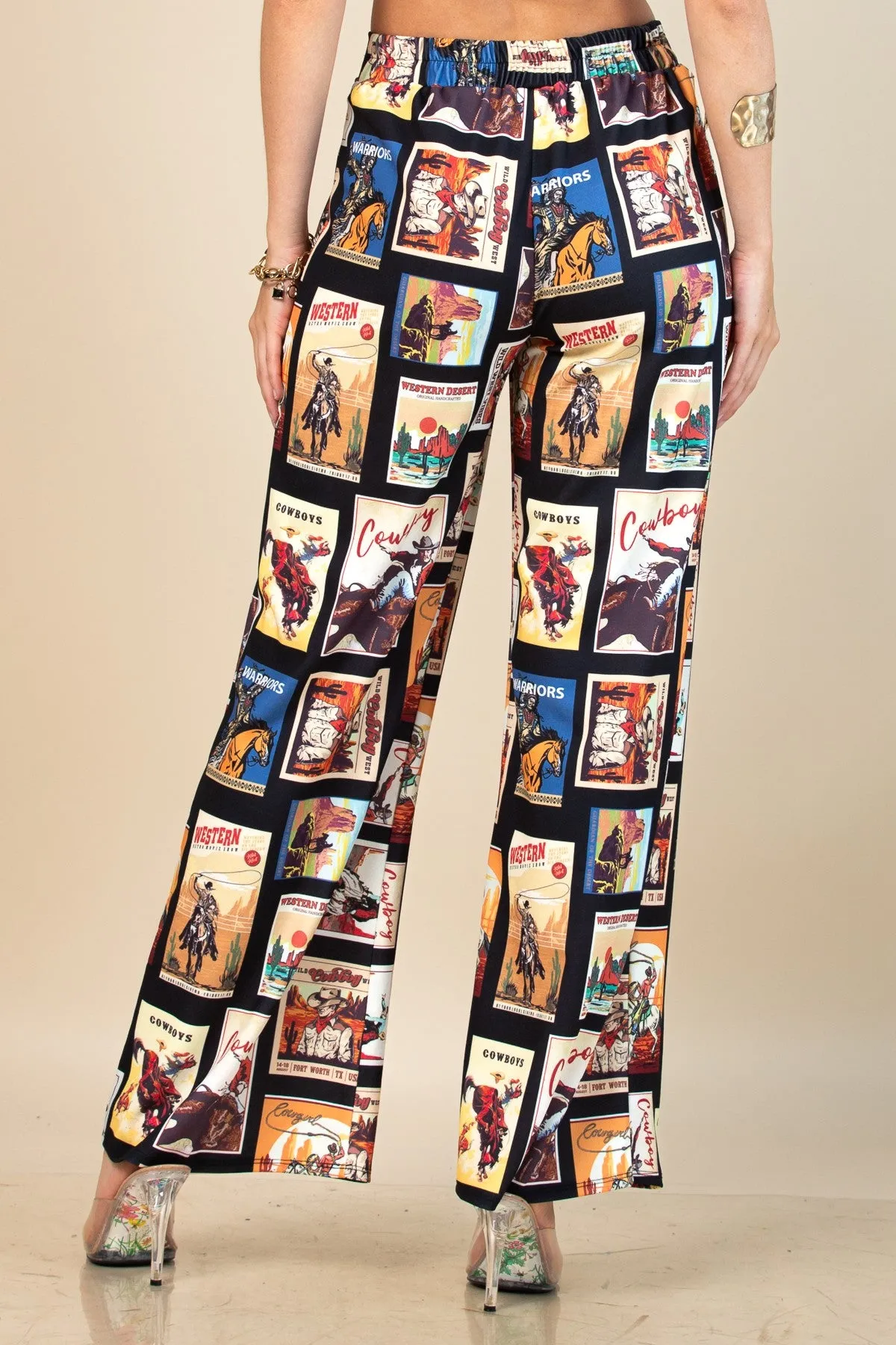 Cali Western Cowboy Stamps Print Slack Pants