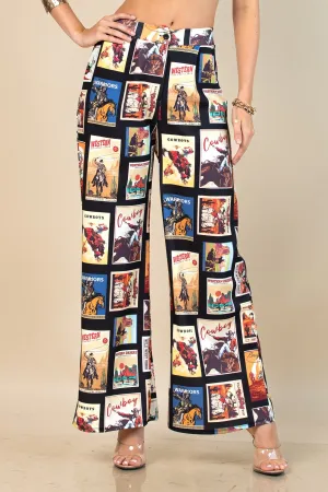 Cali Western Cowboy Stamps Print Slack Pants