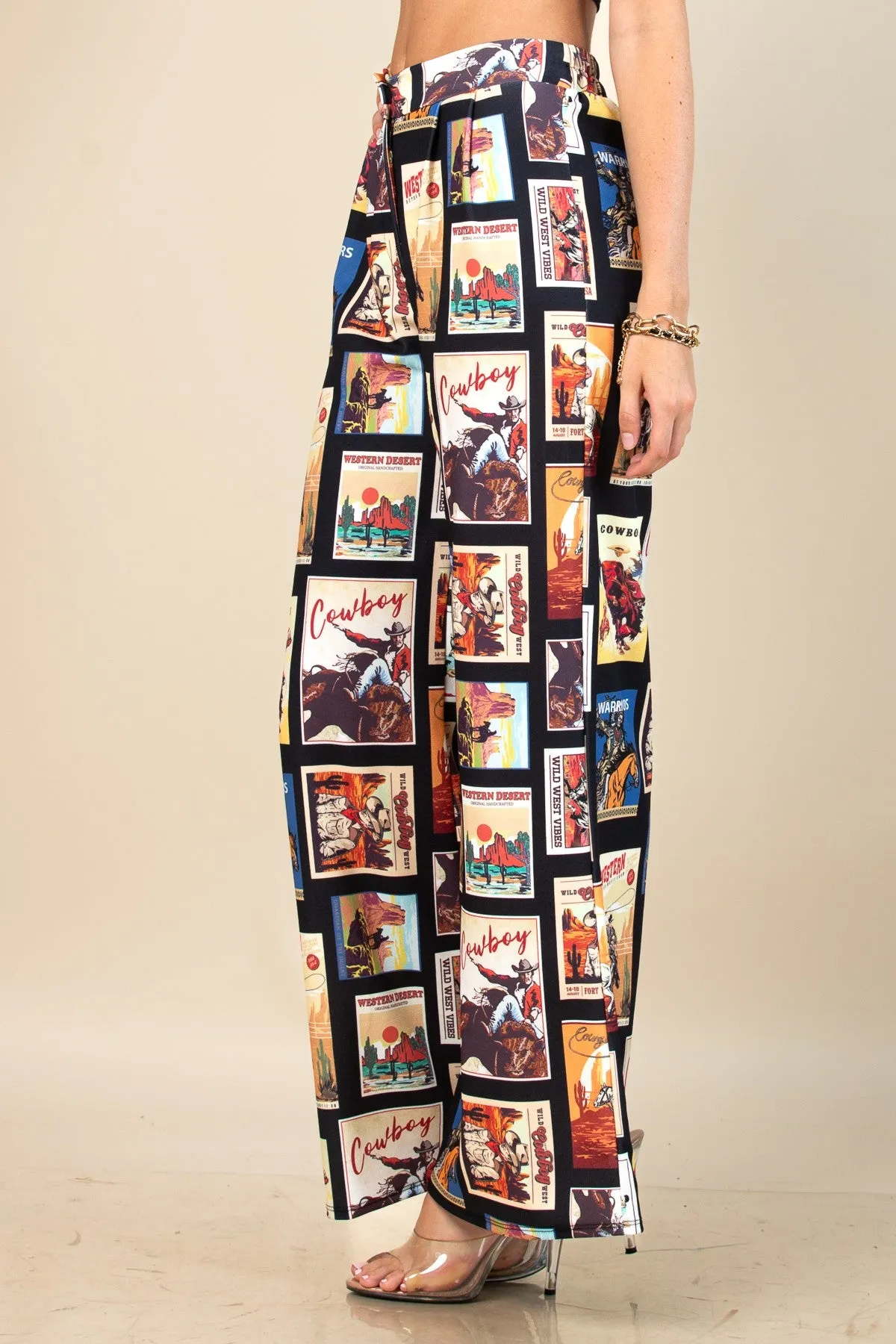 Cali Western Cowboy Stamps Print Slack Pants