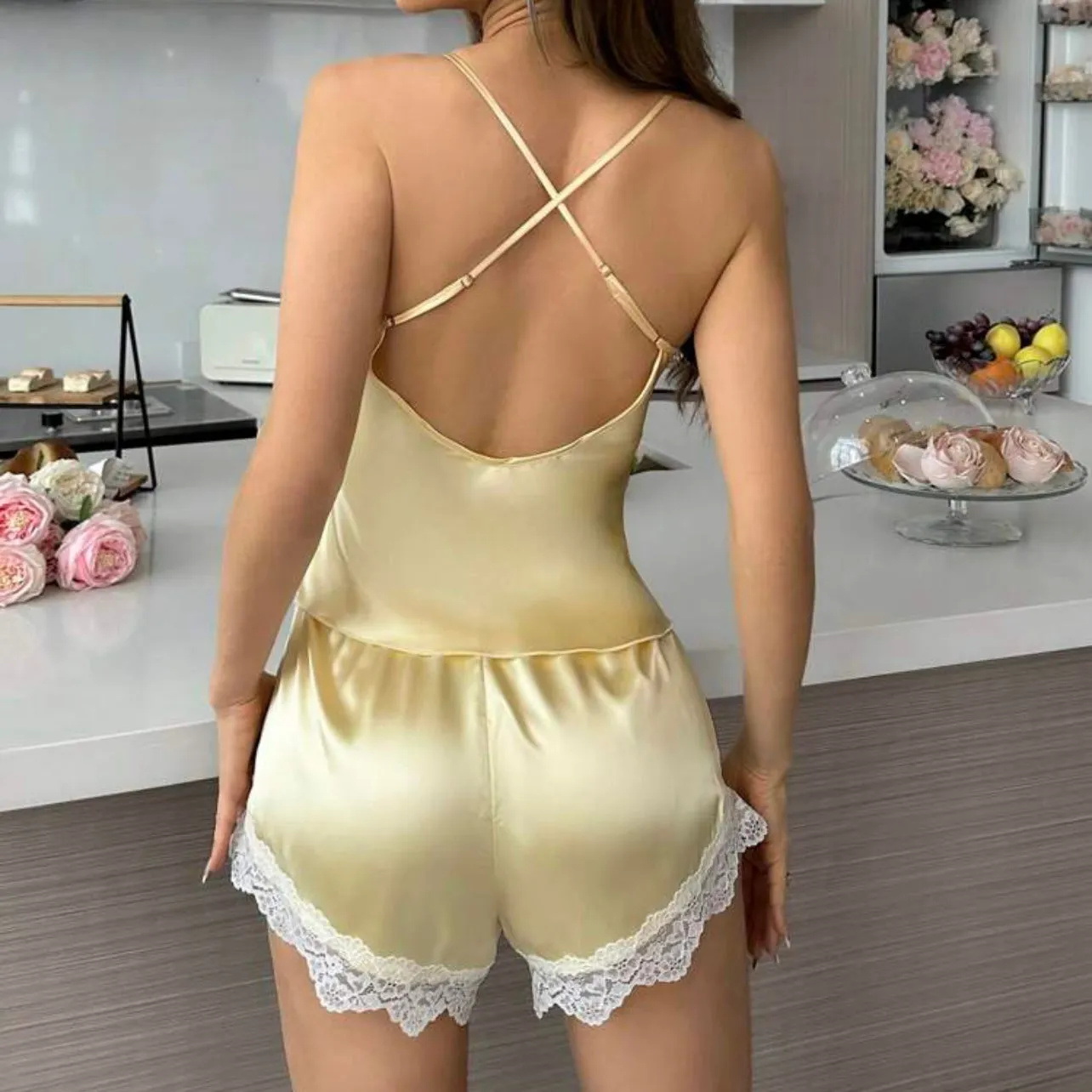 Cambra Silk Lace Pajamas Set - Yellow