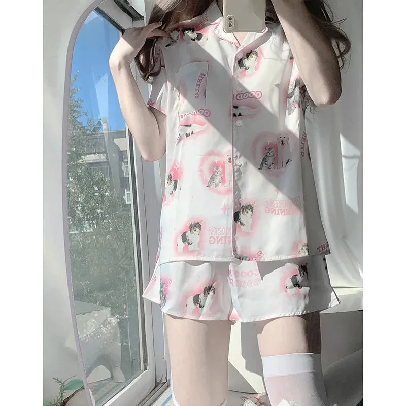 Cartoon Pink Series Cartoon Cat Pajamas Cute Pjs Short Sleeved Shorts Pyjamas Comfortable Home Clothes Girl Sleepwear