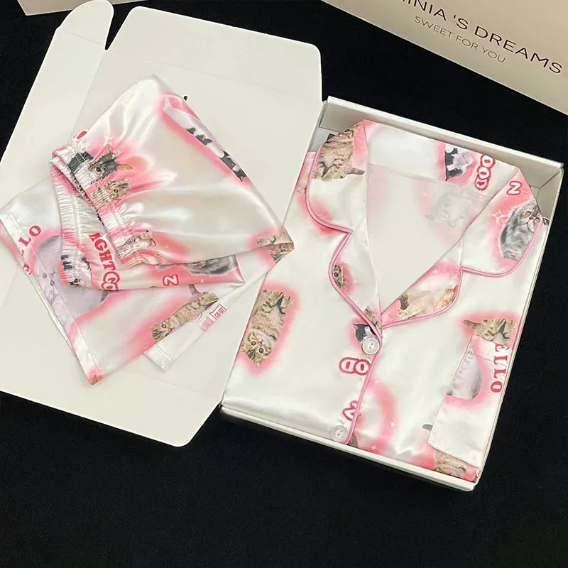 Cartoon Pink Series Cartoon Cat Pajamas Cute Pjs Short Sleeved Shorts Pyjamas Comfortable Home Clothes Girl Sleepwear
