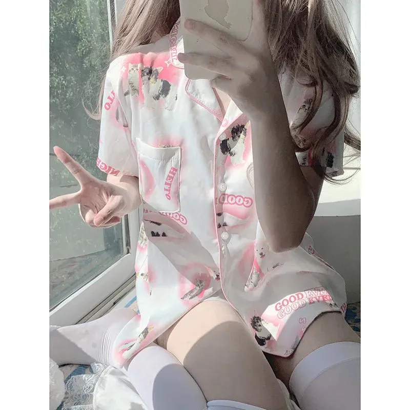 Cartoon Pink Series Cartoon Cat Pajamas Cute Pjs Short Sleeved Shorts Pyjamas Comfortable Home Clothes Girl Sleepwear