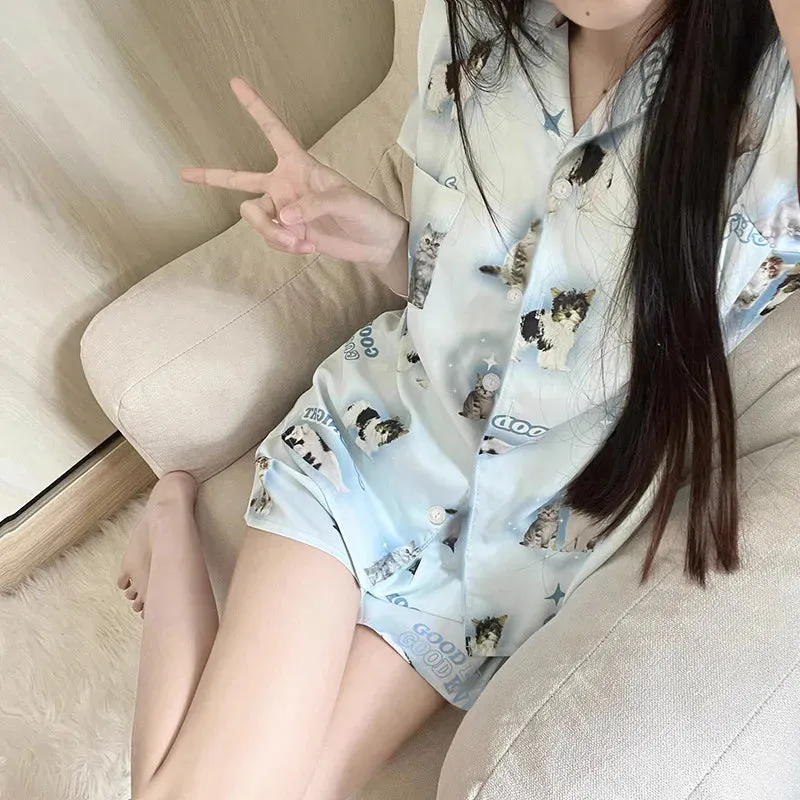 Cartoon Pink Series Cartoon Cat Pajamas Cute Pjs Short Sleeved Shorts Pyjamas Comfortable Home Clothes Girl Sleepwear