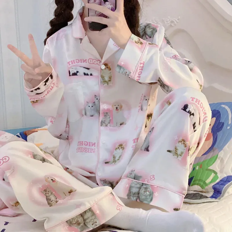 Cartoon Pink Series Cartoon Cat Pajamas Cute Pjs Short Sleeved Shorts Pyjamas Comfortable Home Clothes Girl Sleepwear