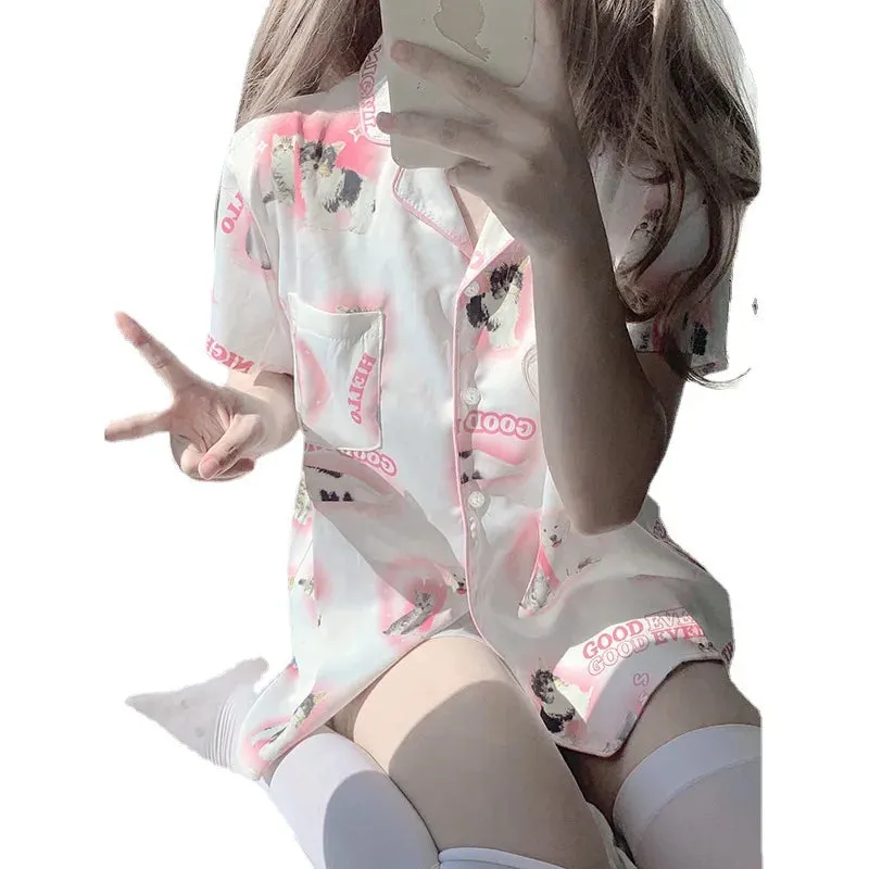 Cartoon Pink Series Cartoon Cat Pajamas Cute Pjs Short Sleeved Shorts Pyjamas Comfortable Home Clothes Girl Sleepwear