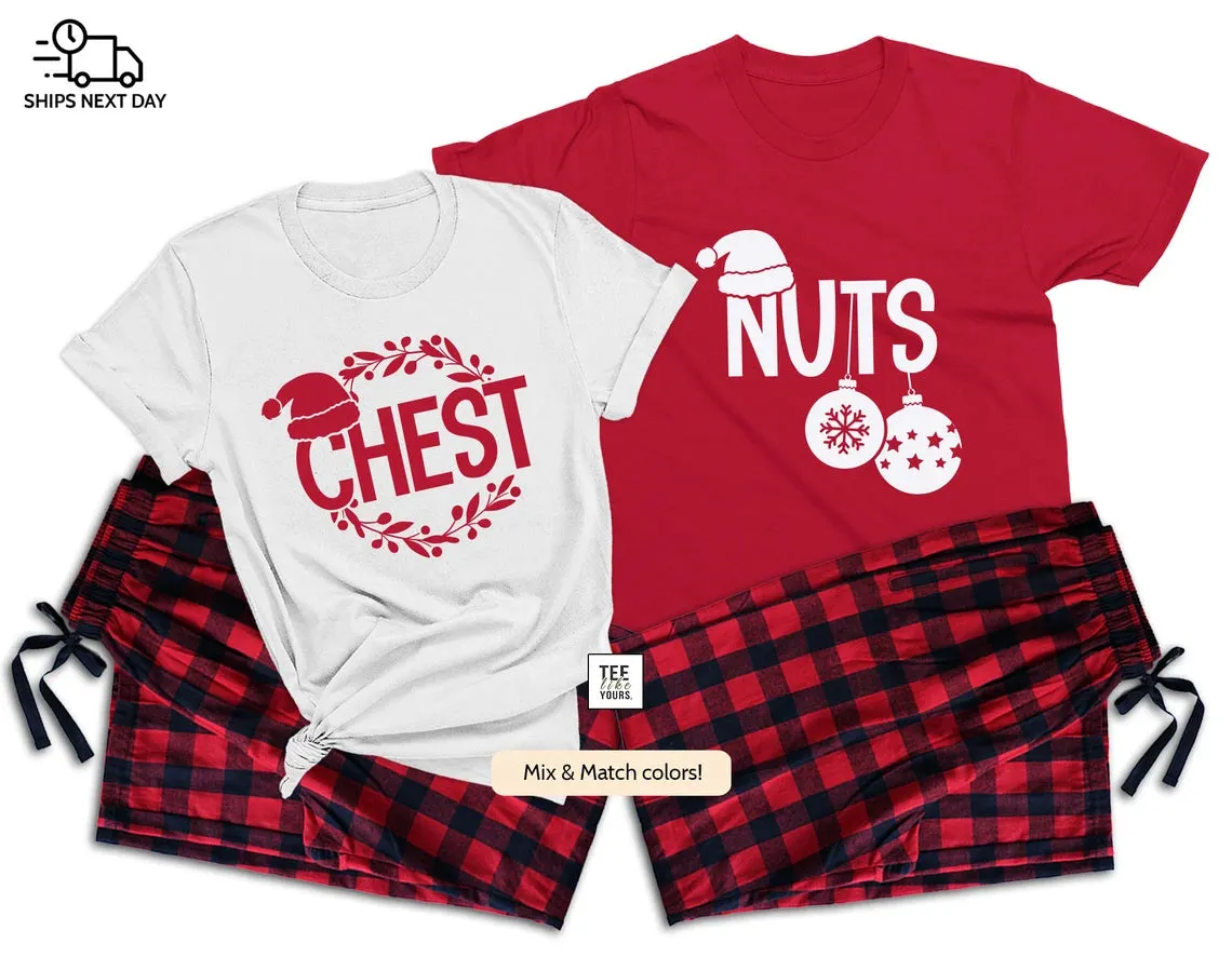 Chest & Nuts Funny Couple Christmas Pajamas | Couple Matching Pajamas | Holiday Pajamas | His and Hers Couple Pjs | Chestnuts Xmas Pajamas