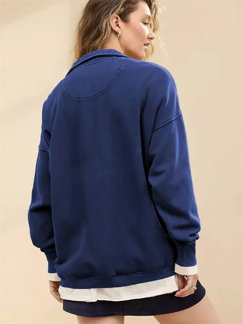 Chouyatou Women's Fashion V Neck Snap Button Long Sleeve Casual Loose Pullover Sweatshirt Activewear