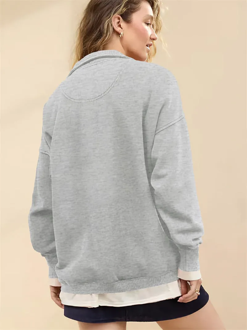 Chouyatou Women's Fashion V Neck Snap Button Long Sleeve Casual Loose Pullover Sweatshirt Activewear