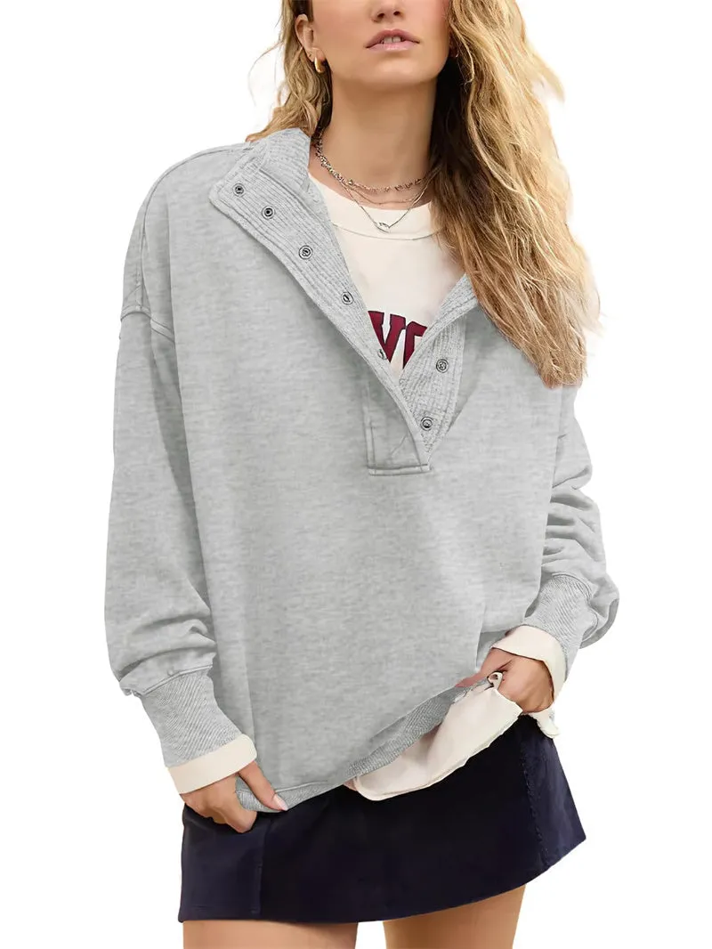Chouyatou Women's Fashion V Neck Snap Button Long Sleeve Casual Loose Pullover Sweatshirt Activewear
