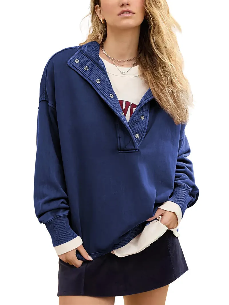 Chouyatou Women's Fashion V Neck Snap Button Long Sleeve Casual Loose Pullover Sweatshirt Activewear