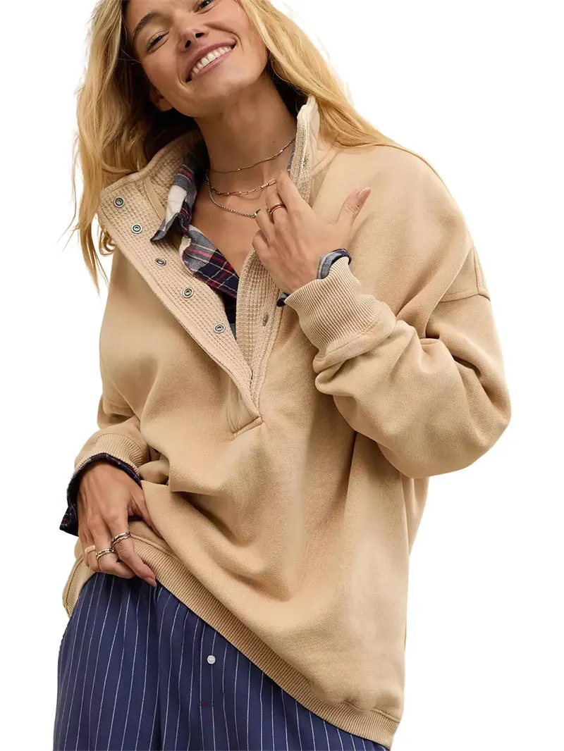 Chouyatou Women's Fashion V Neck Snap Button Long Sleeve Casual Loose Pullover Sweatshirt Activewear